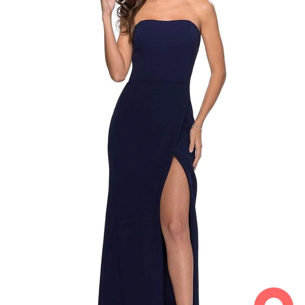 NEW! La Femme Strappy Slit Strapless Jersey Formal Dress in Navy 27035 Size 2